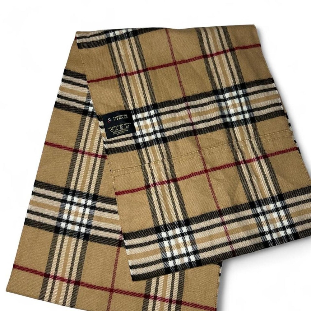 V. Fraas Cashmink Scarf Camel Tan Plaid Check Soft Neutral Preppy Germany